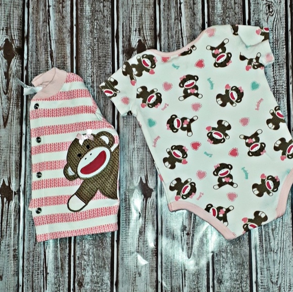 Girls 3m Sock Monkey onesie snap shirt set - Picture 3 of 3